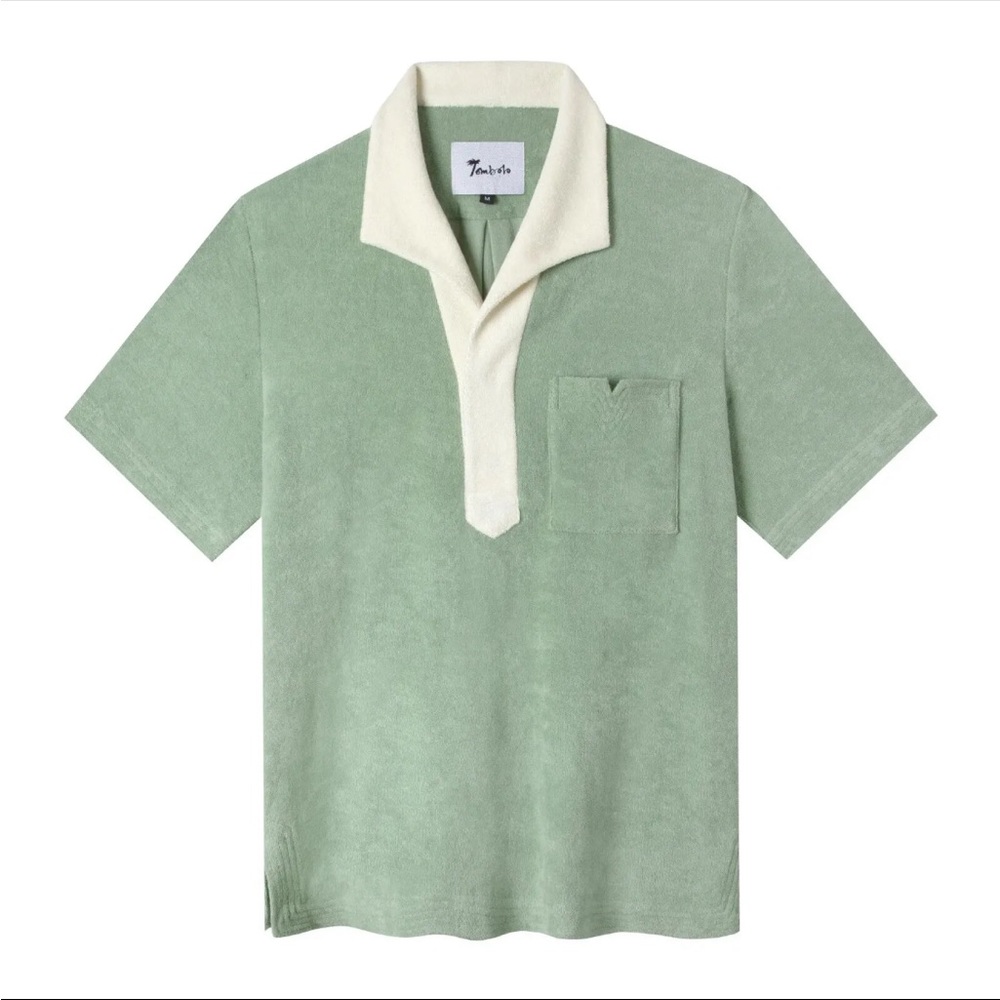 Tombolo Green White Cabana Terrycloth Toweling Polo Beach Shirt, Size Medium
